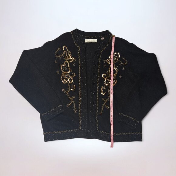 Karen Scott 90s Embellished Black & Gold Cardigan Sweater - Picture 2 of 6